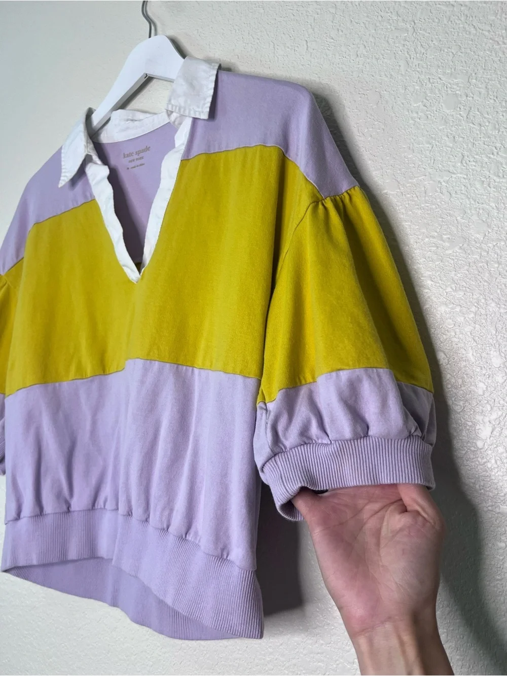 Kate Spade New York Purple Yellow Puff Sleeve Polo Top M 100% Cotton